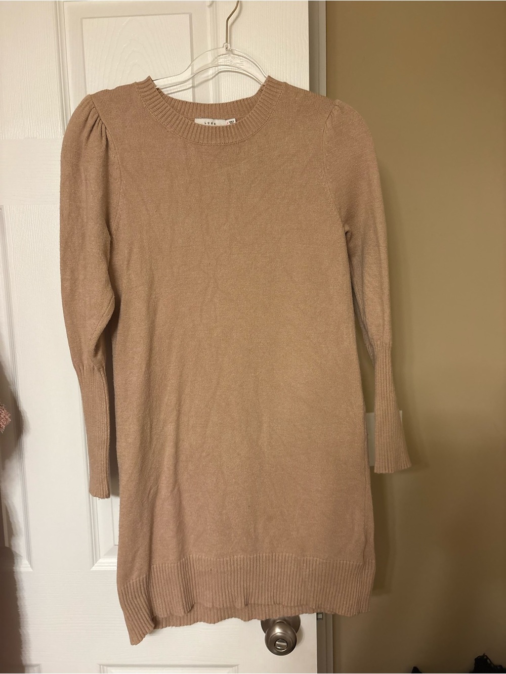 Lush Tan Crewneck Long Sleeve Knit Dress